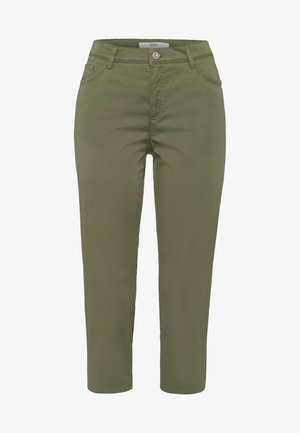 Olivgrüne Baumwollhose mit geradem Schnitt, fünf Taschen und einem Knopfverschluss an der Vorderseite. Glatte Textur.