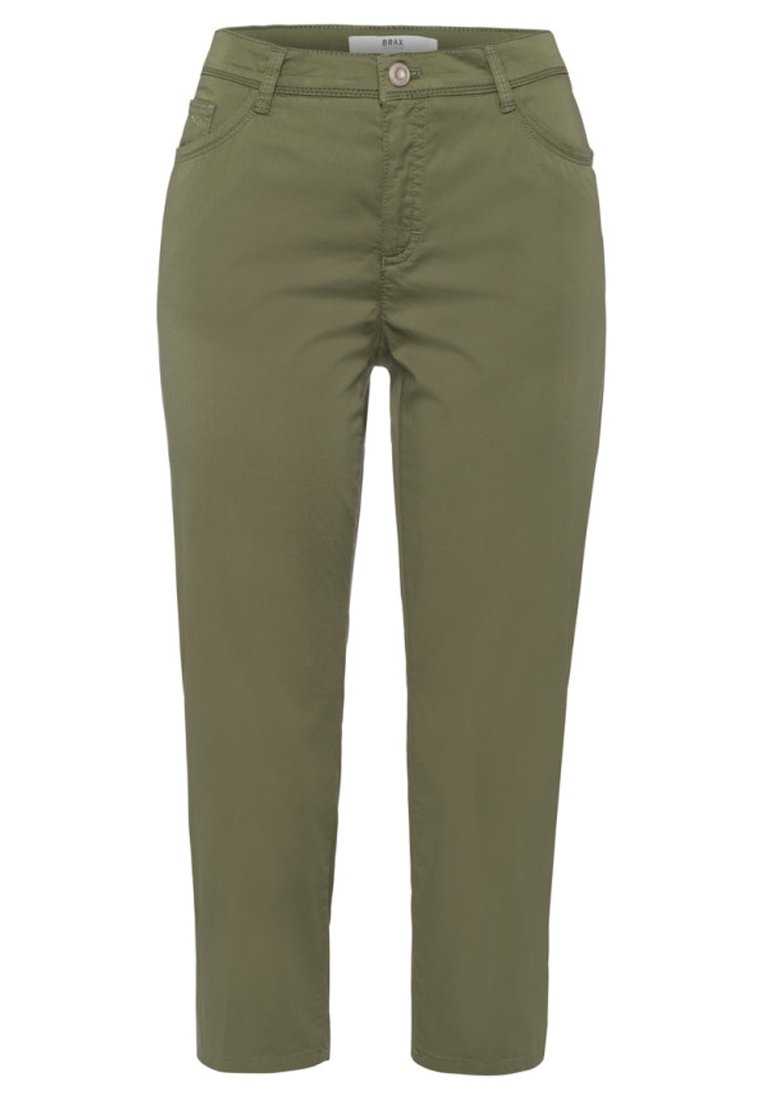 Olive green pants made of cotton, featuring a straight cut, five pockets, and a button closure at the front. Smooth texture.