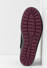 Semelle de chaussure noire avec des adhérences marron profond, logo de la marque ECCO et taille numéro 37 visibles sur un fond blanc.