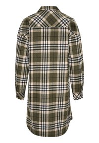 Chemise à carreaux verts et noirs avec des accents blancs et beiges, fabriquée dans un tissu texturé. Dotée d'un col et de poignets boutonnés.