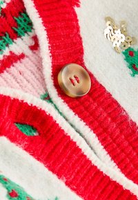 Pleteni jopica z rdečimi in belimi črtami, z rjavim gumbom in zelenimi poudarki. Mehka tekstura z detajli iz svetlikajočih se ščipalk.