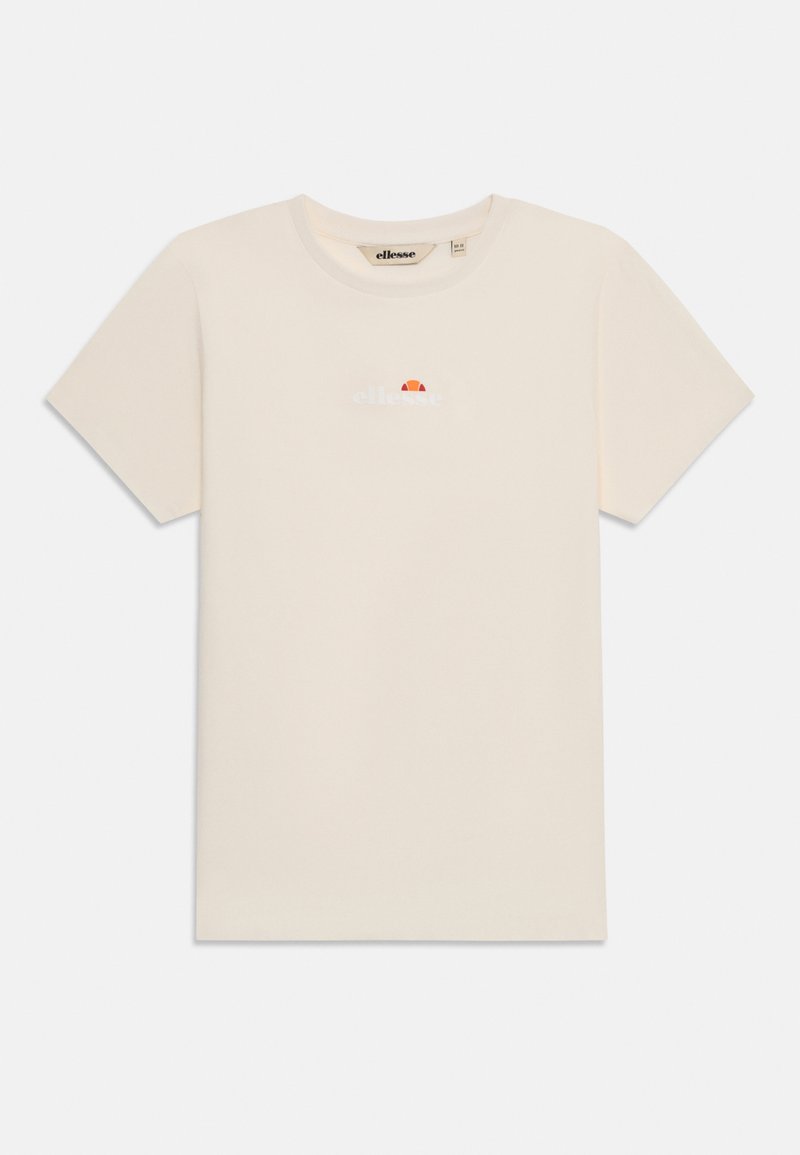 Īsām piedurknēm, apaļo kakla t-krekls off-white kokvilnā, ar minimālistisku logotipu un sarkano un apelsīnu akcentu uz krūšu.