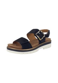 Námořnické modré sandály se dvěma širokými popruhy, detailním přezkou a polstrovanou stélkou. Vybaveny bílou, strukturovanou podrážkou pro lepší přilnavost.
