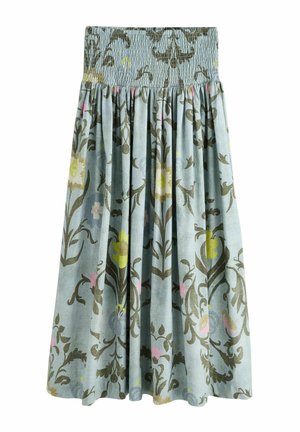 Hellblauer Midirock mit gerafftem Bund, verziert mit grünen, gelben und pinken Blumen- und Blattmustern, geraffter Stoff für Volumen.