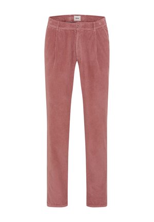 Corduroy broek in een stoffige rozenkleur, met verticale ribbelstructuur, een recht model, voorkruiszakken en een knoopsluiting bij de taille.
