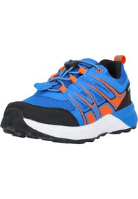 Blå och svarta träningsskor med orangea detaljer, överdel i mesh, rundad tå, säker snörningssystem och en texturerad gummisula.