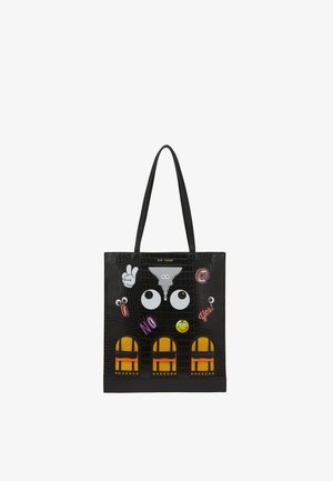 Borsa tote nera con superficie strutturata, decorata con occhi da cartone animato, segno di pace con la mano, emoticon sorridente e toppe colorate con le scritte "NO", "Sì!" e "@."