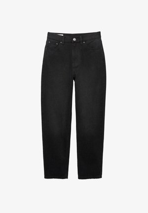 Jeanși negri din denim cu un design drept, stil cu cinci buzunare și închidere cu nasture. Prezintă o margine brută și un material ușor texturat.