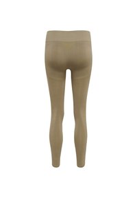 Beige legginsit korkealla vyötäröllä ja sileällä pinnalla, joissa on tiukka muotoilu ja hienovarainen kolmio-kuvio takana.