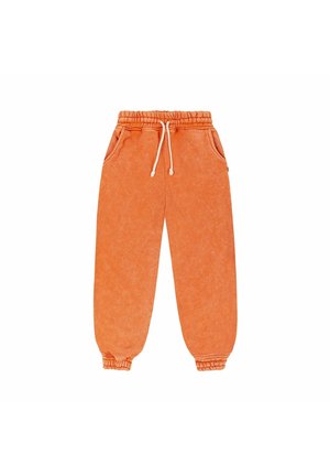 Pomarańczowe dresowe spodnie dresowe z elastycznym paskiem i ściągaczami, białym sznurkiem oraz bocznymi kieszeniami.