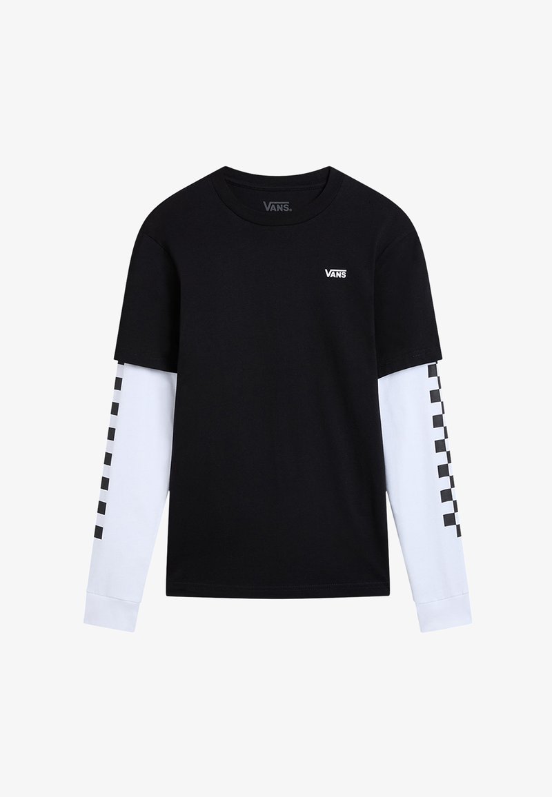 Schwarzes Kurzarmhemd mit weißen Langärmeln. Verfügt über ein kleines Vans-Logo und ein schwarzes Schachbrettmuster entlang der weißen Ärmel.