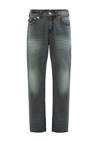 Przetarte czarne dżinsy o prostym kroju z pięcioma kieszeniami, zapięciem na guzik i widocznymi detalami stębnowania.