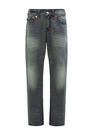 Przetarte czarne dżinsy o prostym kroju z pięcioma kieszeniami, zapięciem na guzik i widocznymi detalami stębnowania.