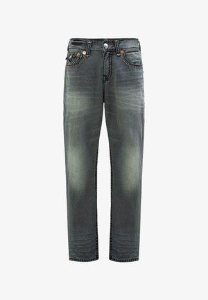 Przetarte czarne dżinsy o prostym kroju z pięcioma kieszeniami, zapięciem na guzik i widocznymi detalami stębnowania.