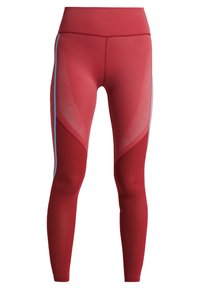 Røde træningsleggings med høj talje, mesh-paneler og blå sidelister. Har en tætsiddende design og glat, strækbart stof.