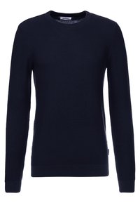 Mörkblå stickad tröja med långa ärmar, rund halsringning och ribbat avslut i ärmar och nederkant. Har ett texturerat tyg utan ytterligare dekorationer.