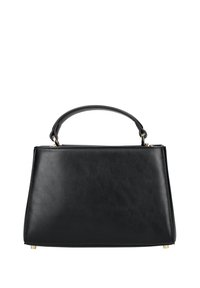 Borsa nera realizzata in pelle liscia, con una forma strutturata, manico corto e hardware color oro alla base.