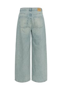 Light blue wide-leg jeans made of denim, featuring a high waist, two back pockets, and a tan leather label at the waistband.