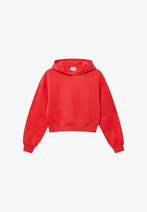 Roter, kurzer Kapuzenpullover mit einer Kängurutasche vorne, einem gerippten Saum und langen Ärmeln. Hergestellt aus weichem, strukturiertem Stoff mit verstellbarer Kapuze.