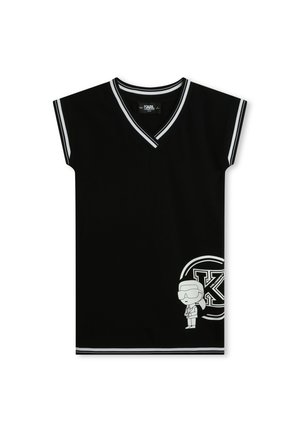T-shirt noir à manches courtes avec un col en V, doté d'une bordure blanche et d'un graphique représentant une silhouette sur le devant, accompagné d'accents de logo.