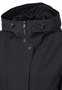 Schwarze wasserfeste Jacke mit hohem Kragen, verstellbaren Zugbändern und Reißverschluss vorne. Besitzt eine Druckknopfdetails und ein Mesh-Futter.
