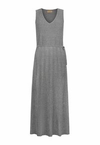 Grå ärmlös maxiklänning med V-ringning, ribbad textur, åtsittande bodice och ett knytbälte i midjan. Slät tyg med subtil lyster.