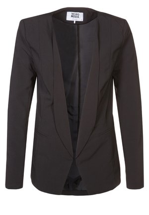Zwart op maat gemaakte damesblazer met lange mouwen, een open voorkant en smalle revers, voorzien van twee voorste schuine zakken.