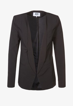 Blazer da donna nero, su misura, con maniche lunghe, davanti aperto e sottili rever, dotato di due tasche anteriori a fessura.
