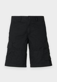 Shorts cargo noirs en tissu léger ; dotés de deux poches latérales et de deux poches à rabat ; design droit avec une coupe ample.