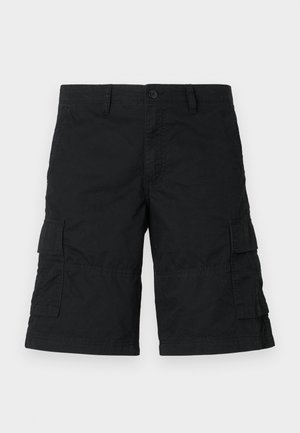 Schwarze Cargo-Shorts aus leichtem Stoff; erhältlich mit zwei seitlichen Taschen und zwei Klapptaschen; gerades Design mit lockerer Passform.