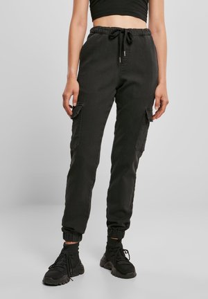 LADIES KNITTED DENIM HIGH WAIST CARGO PANTS - Reisitaskuhousut - black