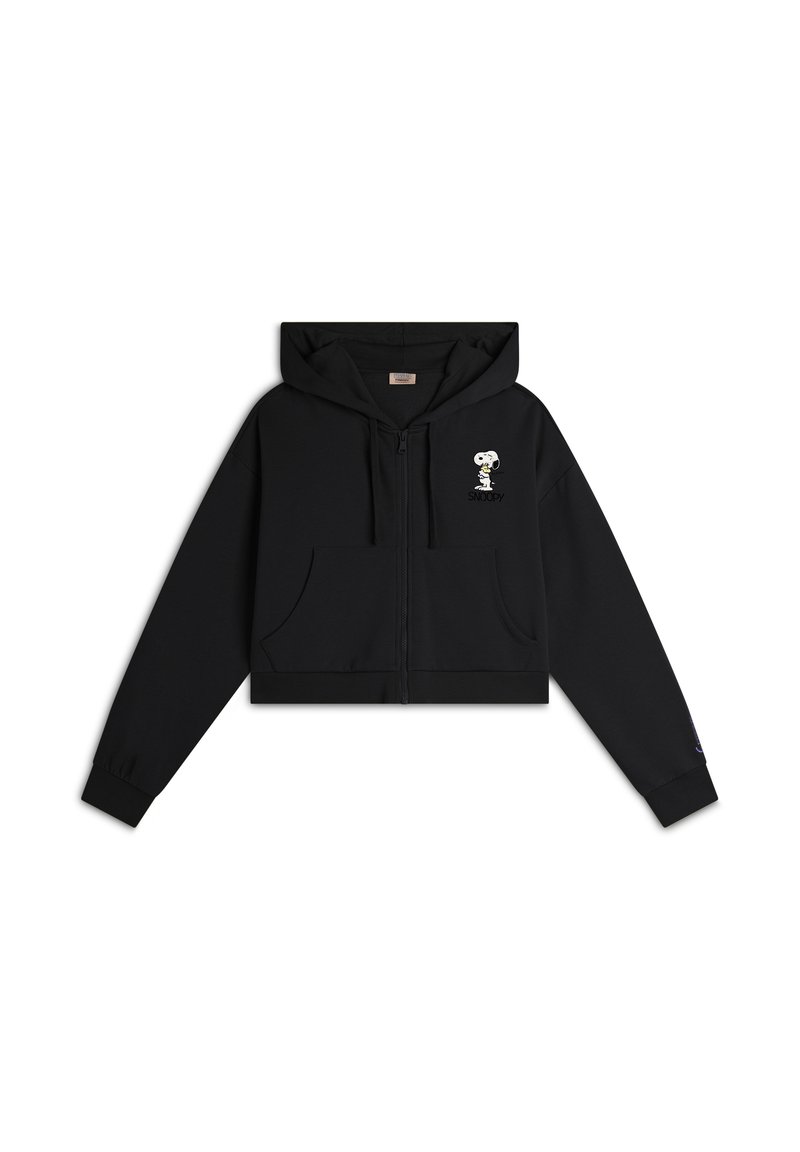 Felpa nera a zip corta realizzata in tessuto morbido, con tasca frontale e una grafica di Snoopy con il testo "SNOOPY" sul petto.