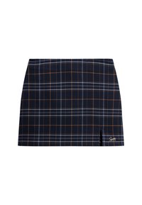 Granatowa mini spódniczka w kratę z pomarańczowymi i białymi liniami, z bocznym rozcięciem i małym logo. Wykonana z tkaniny o splocie, dopasowany krój.