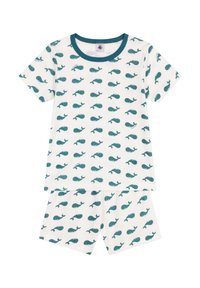 Set di pigiama in cotone a due pezzi composto da una maglietta a maniche corte e pantaloni corti color crema, decorato con un motivo ripetuto di balene teal.