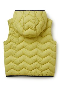 Světle zelená prošívaná bezrukávová vesta s kapucí a chevronovým vzorem, zobrazená zezadu na bílém pozadí.