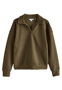 Olivno zelena pulover majica z ovratnikom, dolgimi rokavi in rebrastimi manšetami. Iz mehke, teksturirane tkanine z detajli na stranskih šivih.