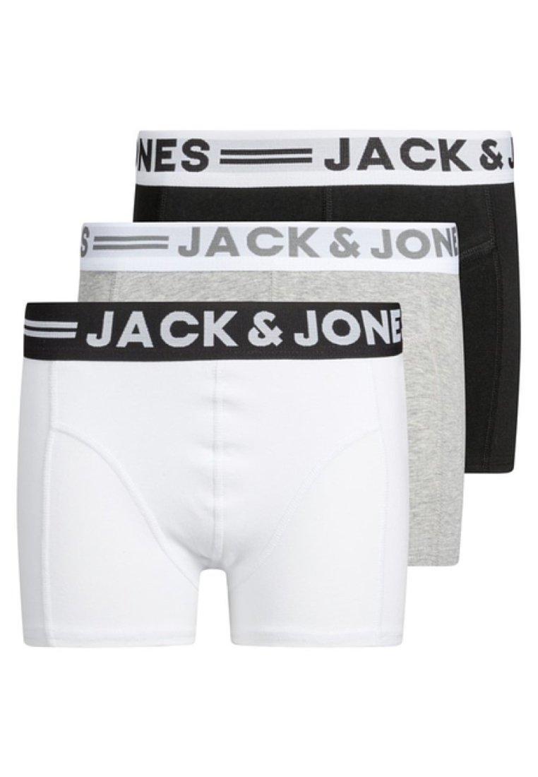 Három pár férfi boxer alsónadrág fehér, szürke és fekete színben. Jellemzőjük az elasztikus derékpánt, amelyen a "JACK & JONES" felirat kontrasztos színekben szerepel.