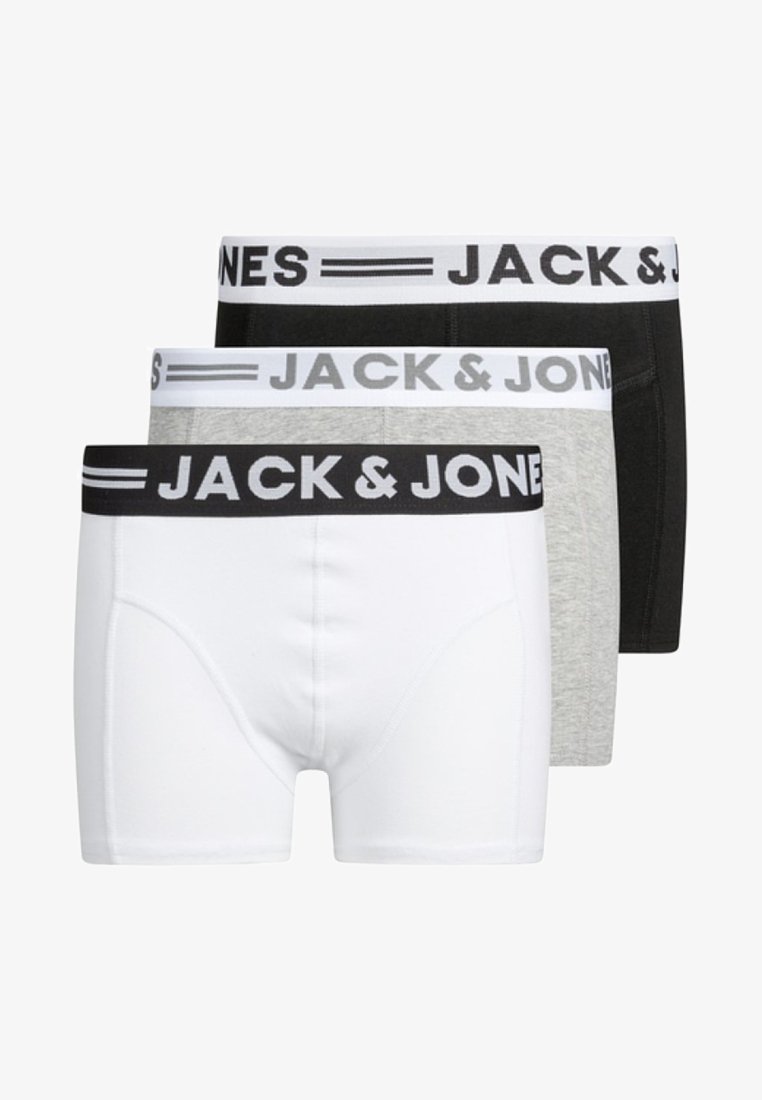 Három pár férfi boxer alsónadrág fehér, szürke és fekete színben. Jellemzőjük az elasztikus derékpánt, amelyen a "JACK & JONES" felirat kontrasztos színekben szerepel.