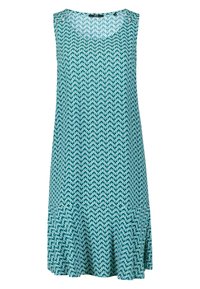 Ærmeløs kjole i turkis stof med et cirkulært mønster. Vidde snit med en let flæset kant, rund halsudskæring og ingen synlige lukkemidler.