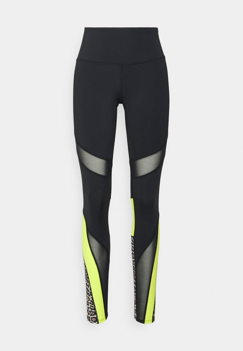 Svarta leggings med hög midja, med meshpaneler, livfulla gula detaljer och leopardmönster längs sidsömmarna.