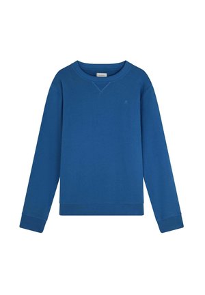 Blå sweatshirt med lange ærmer, ribbede manchetter og kant. Har en rund halsudskæring og et diskret logo på brystet. Fremstillet af glat stof.