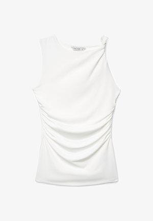 Top bianco senza maniche con arricciatura laterale e piccolo dettaglio a nodo sulla spalla sinistra, taglia piccola, marchio Calliope.