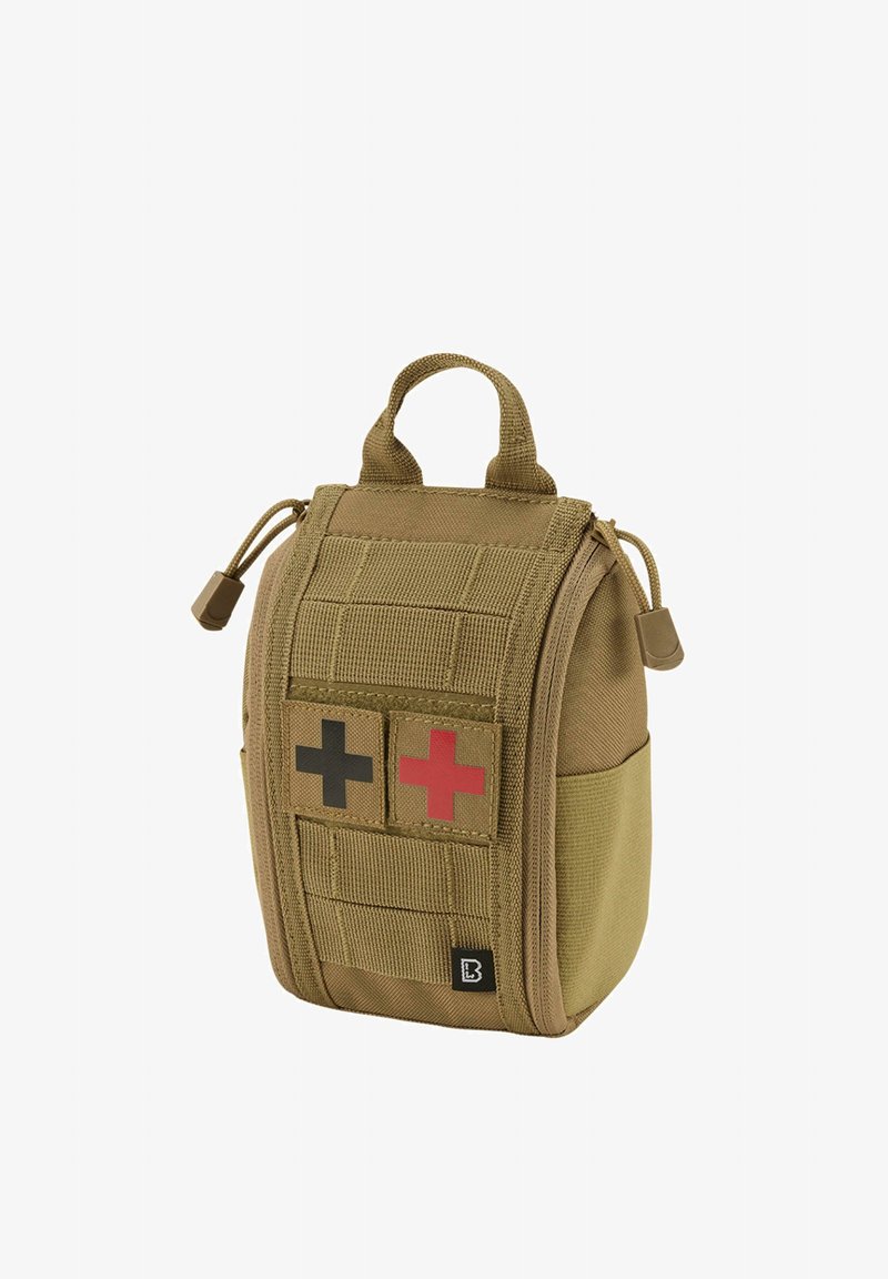Taktická medicínska taška v pieskovej farbe so zipsovým uzáverom, prednými symbolmi čierneho a červeného kríža, polstrovanou rúčkou a MOLLE webbingom na upevnenie.