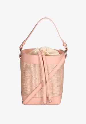 Tas in emmervorm met een geweven lichaam van natuurlijke vezels, lichtroze leren accenten, een verstelbare schouderband en een trekkoordsluiting met een crèmelining.