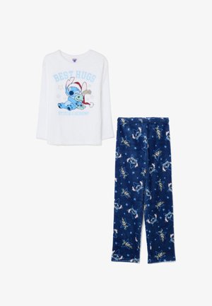 Haut à manches longues blanc avec le texte "Meilleurs câlins Stitch & Scrump" et personnages, assorti à un pantalon bleu avec un motif étoilé de Stitch et Scrump.