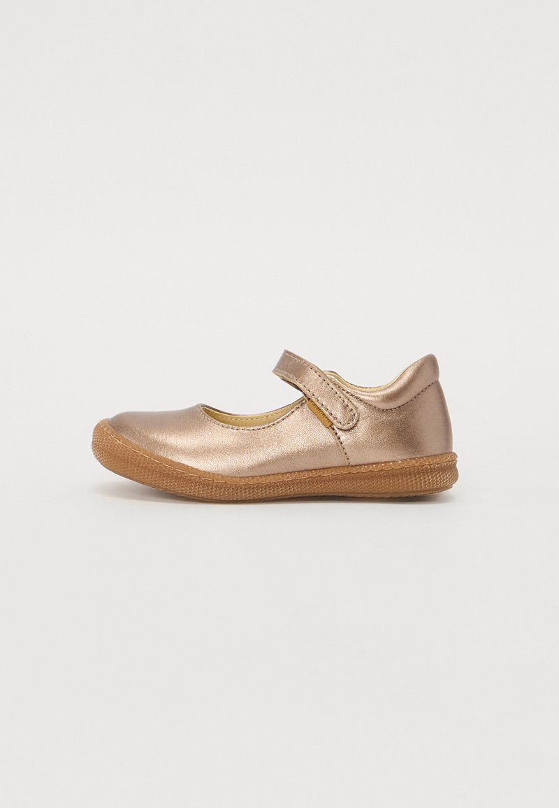 Metallic bronze leather Mary Jane shoe with a round toe, adjustable strap, and textured rubber sole. Low profile design.