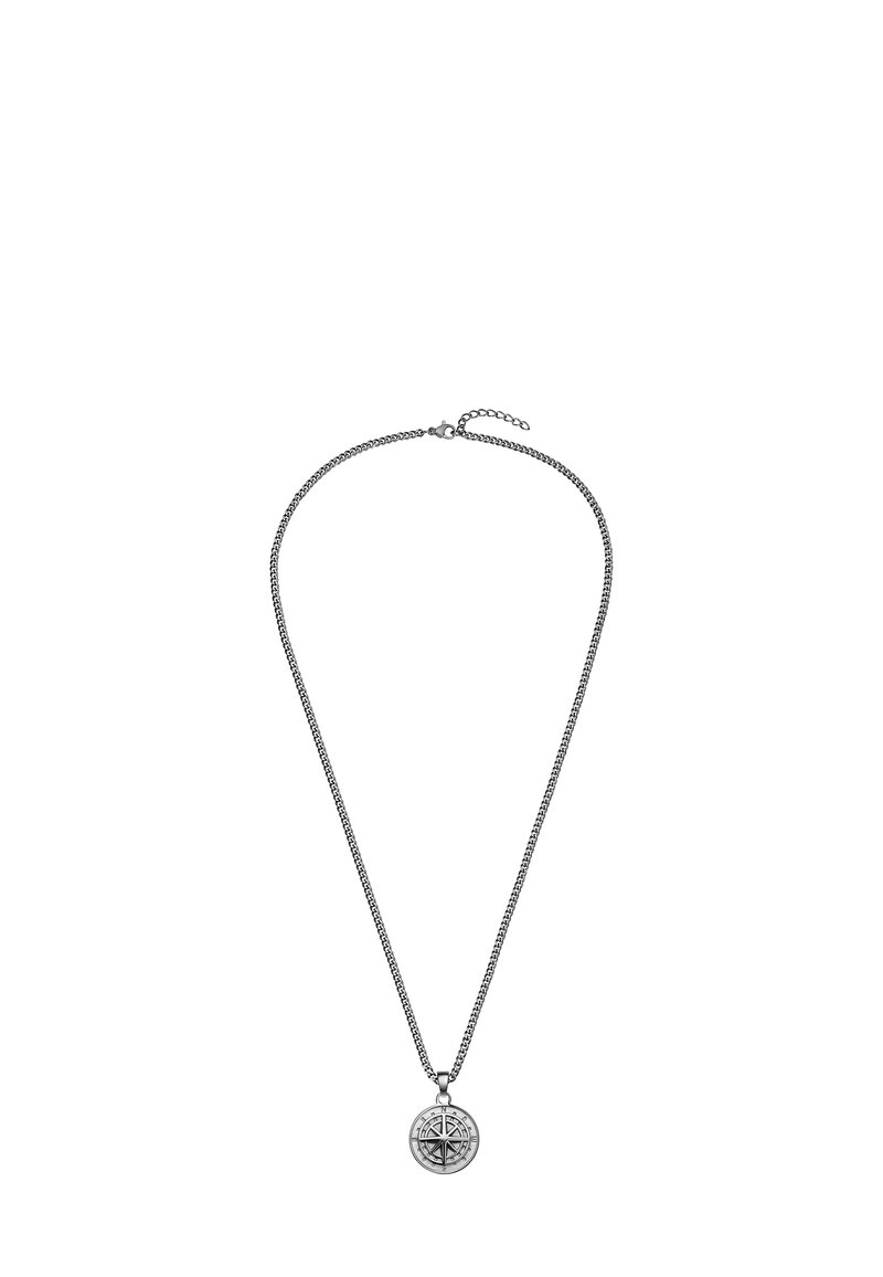 Náhrdelník z metalického striebra s okrúhlym príveskom s prepracovaným dizajnom kompasu. Reťaz je tkaná a nastaviteľná na dĺžku.