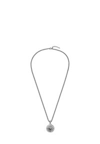 Silverfärgad metallhalsband med en rund hänge som har en detaljerad kompassdesign. Kedjan är flätad och justerbar i längd.