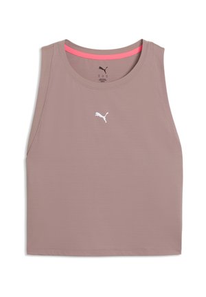 Crop top de sport sans manches mauve avec un col rond et un petit logo blanc Puma centré sur le devant.