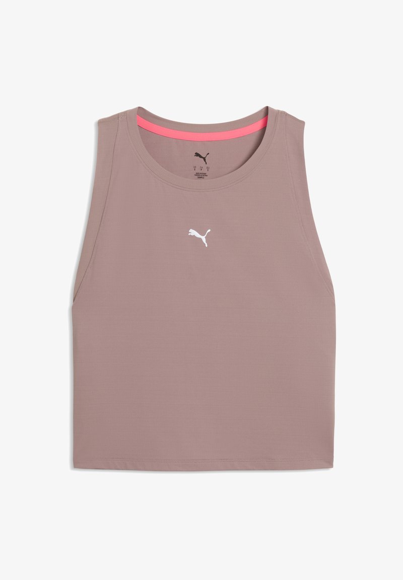 Top corto deportivo sin mangas en color malva con cuello redondo y pequeño logo blanco de Puma centrado en la parte delantera.